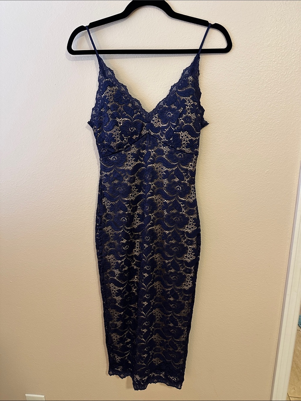Fashion Nova Navy Lace Midi Slip Dress with Spaghetti Straps